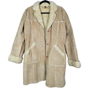 Vintage Brandon Thomas L Tan Brown Leather Sherpa Lined Coat Penny Lane Boho